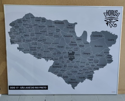 SÃO JOSÉ DO RIO PRETO ATUAÇÃO mapa retangular com moldura de alumínio de cidades de são paulo de ddd 17 com foco destacado em são josé do rio preto.