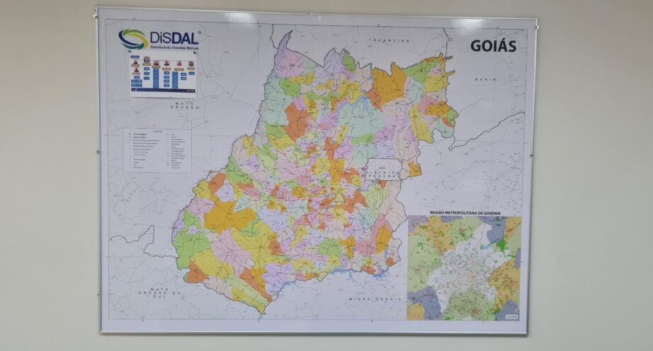 mapa do estado de goiás com municípios coloridos e rodovias